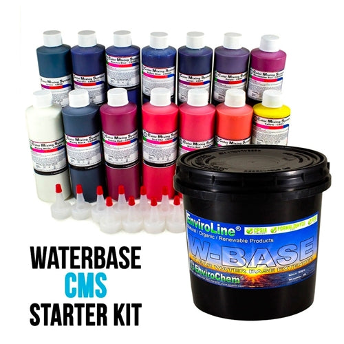 Color Matching System (CMS) Starter Kit with Waterbase inks from CCI, featuring ink bottles and color swatches for accurate matching.