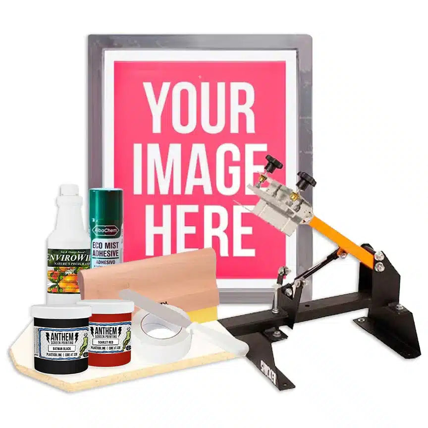 A sample screen printing kit showing a small manual press, pre-burned screen, squeegee, plastisol inks, and various other supplies.