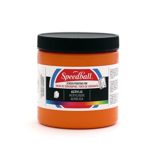Speedball Acrylic Ink in vibrant orange, ideal for art projects, showcasing a bottle of orange Speedball inks on a white background.