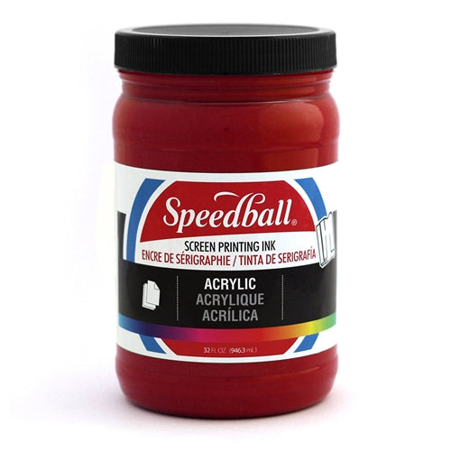Speedball Dark Red Acrylic Ink bottle, vibrant red ink for art and craft projects, with black cap and label visible.
