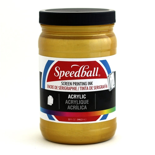 Speedball acrylic ink in gold color, featuring a bottle of vibrant gold ink for art and craft projects.
