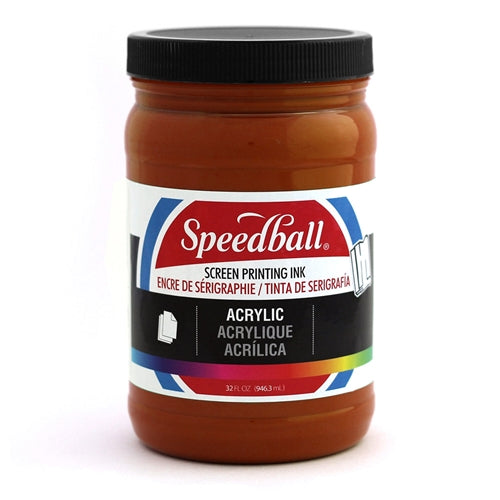 Speedball acrylic ink in brown, vibrant liquid ink for art and calligraphy, displayed in a container with a smooth surface.