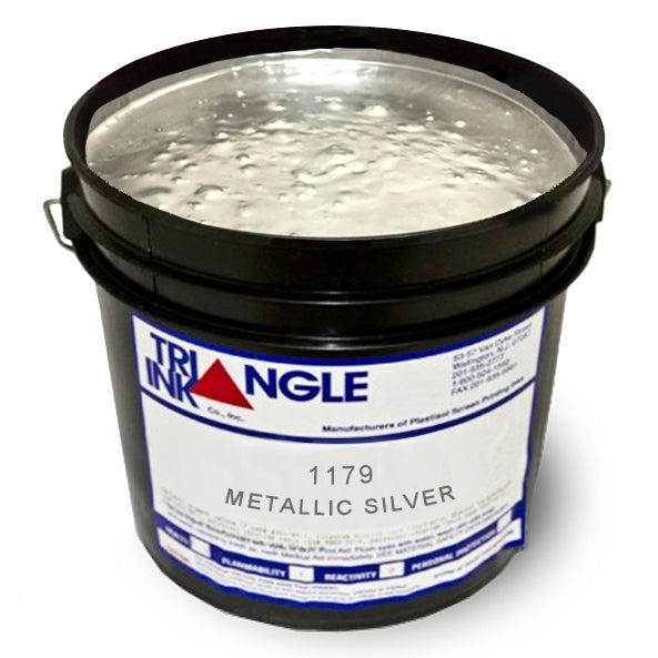 Triangle metallic silver plastisol ink in a squeeze bottle with label, ideal for screen printing on textiles.