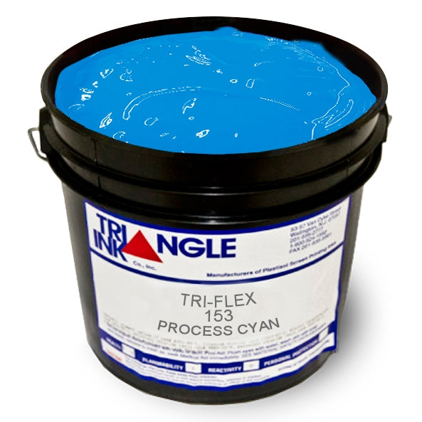 Triangle Plastisol Ink in Process Cyan, a vibrant blue ink for screen printing, shown in a close-up of the ink container.