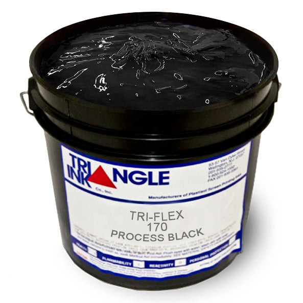 Triangle Plastisol Ink in Process Black, a smooth black ink for screen printing, shown in a container with ink swatch.