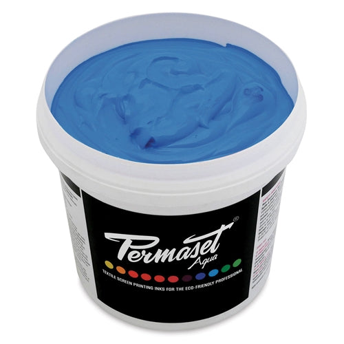 Permaset Supercover HSA Light Blue ink bottle, vibrant screen printing ink for textiles, in a clear container with blue ink visible inside.