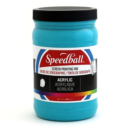 Speedball Acrylic Ink in Peacock Blue, vibrant ink bottle with ink flowing from the open cap, ideal for artistic projects.