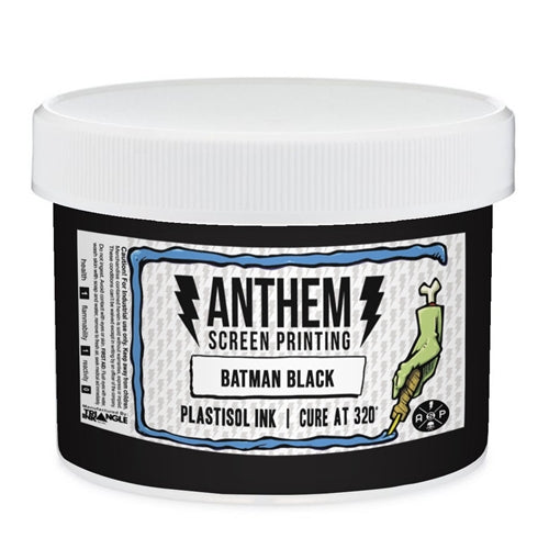 Triangle Plastisol Ink in Batman Black, a high-quality screen printing ink with a sleek black finish, shown in a two-quart container.