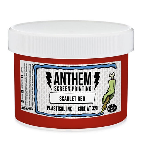 Scarlet red Triangle Plastisol Ink in a squeeze bottle, ideal for screen printing on textiles and fabric materials.