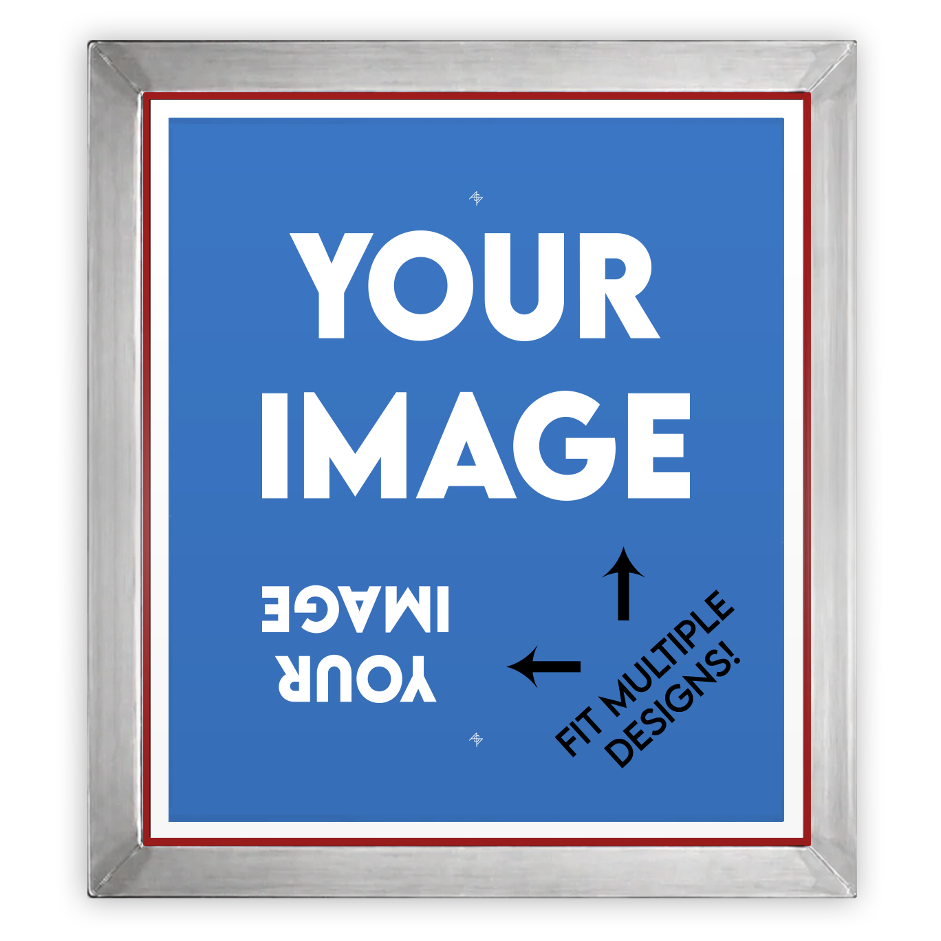 18x20 inch pre-burned screen with multiple design options for screen printing, ideal for custom t-shirt or apparel printing.