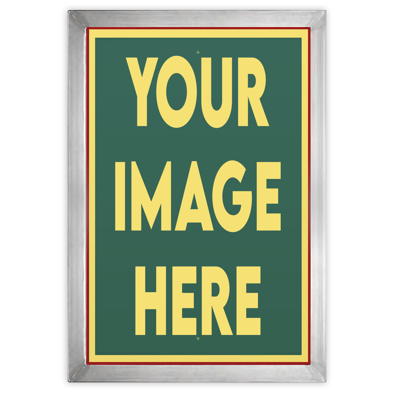 Pre-burned 25x36-inch screen for screen printing, showing a detailed mesh design on a white background.