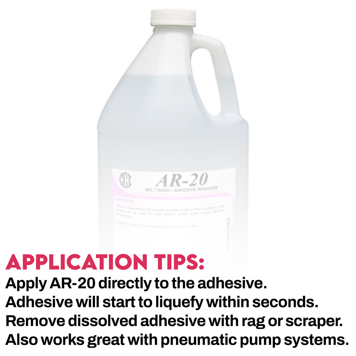 CCI AR-20 adhesive and tack remover gallon container, chemical solution for removing sticky residues and adhesives.