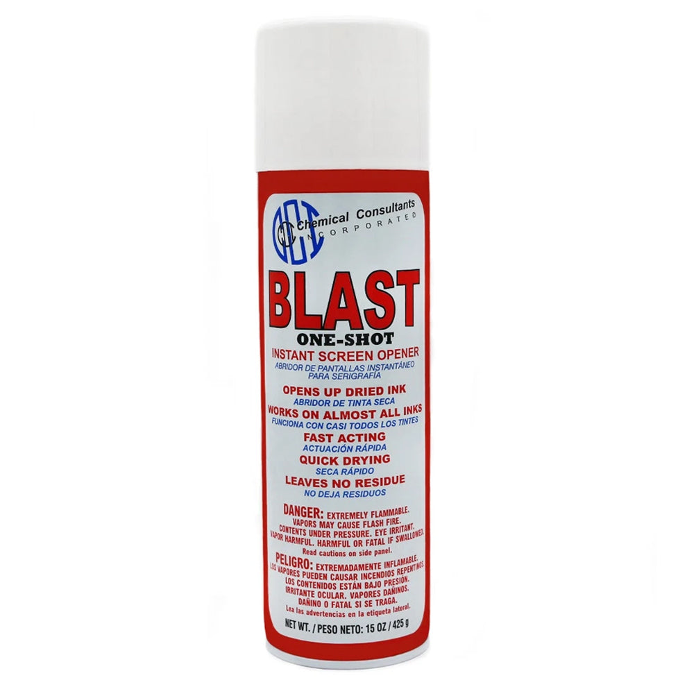 CCI Blast One Shot Screen Opener chemical container with label and nozzle for screen opening applications.