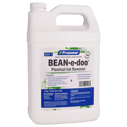 Franmar Bean-E-Doo Plastisol Ink Remover chemical container, large gallon size for removing plastisol ink from fabrics.