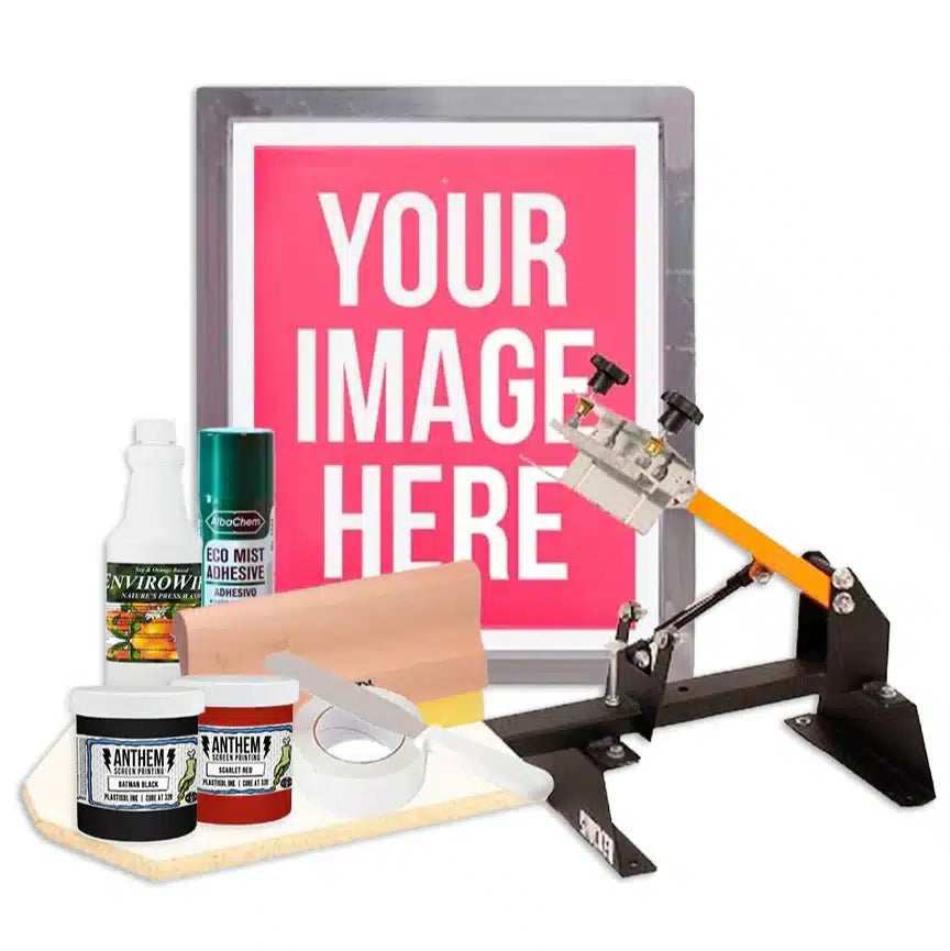 A Sample Plastisol Screen Printing Starter Kit with a pre-burned screen, squeegee, spray adhesive, ink cleaner, two plastisol inks, roll of screen tape, spatula and single color press.