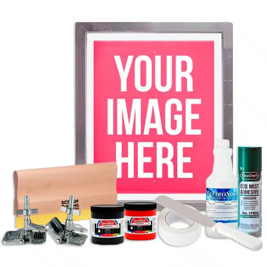 A Sample Poster Printing Starter Kit with a screen, squeegee, set of hinge clamps, two small acrylic inks, roll of tape, spatula, ink cleaner and can of spray adhesive.