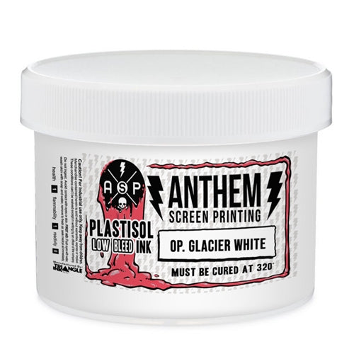 Triangle Plastisol Ink in Glacier White, low bleed opaque ink for screen printing on fabric, shown in a 2-quart container.