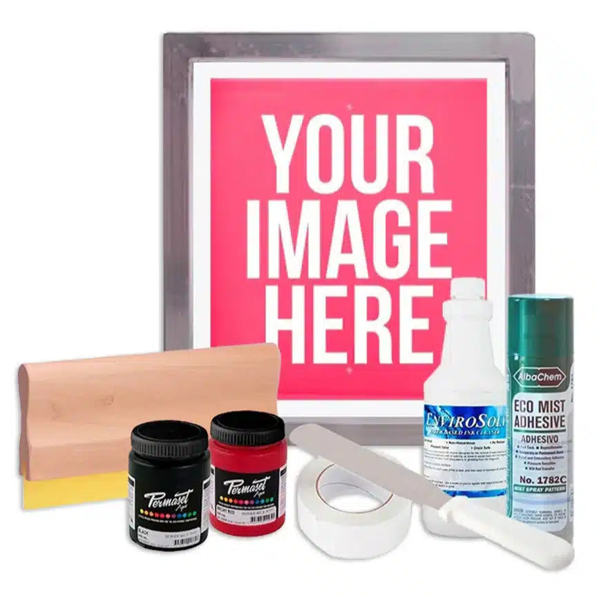A Sample Water Based Screen Printing Kit with a screen, squeegee, two small inks, roll of tape, spatula, quart of ink cleaner and can of spray mist