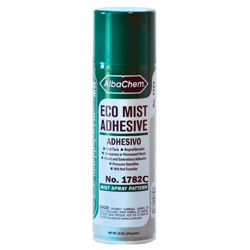 AlbaChem Eco Mist adhesive spray in a can, ideal for bonding and sealing applications, shown with a white nozzle and label.