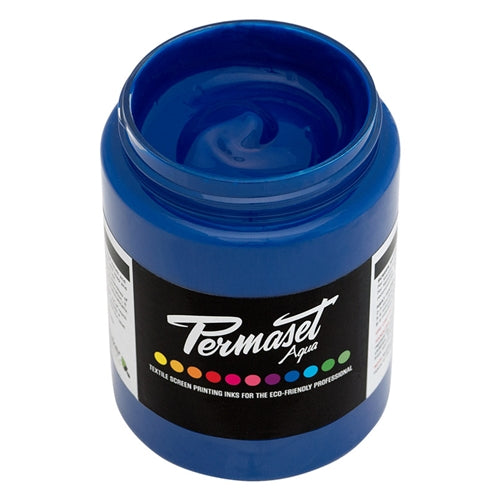 Permaset Aqua Standard Ink in Blue B, a vibrant water-based textile ink, shown in a container with blue ink visible.