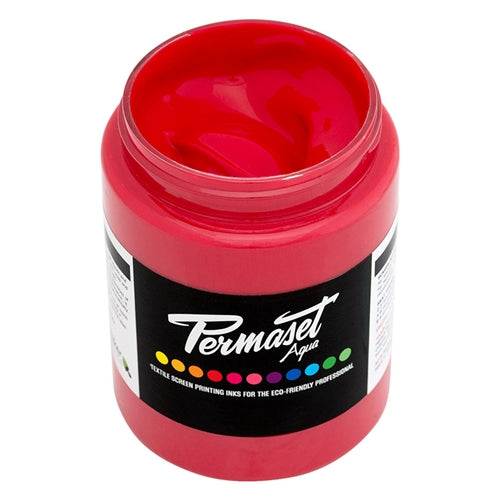 Bright red Permaset Aqua standard ink in a bottle, suitable for screen printing and artistic projects.