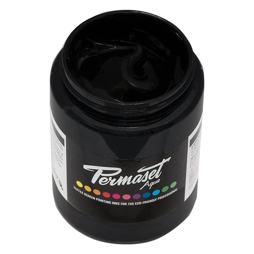 Permaset Aqua Standard Ink in Jet Black, water-based fabric printing ink, shown in a sealed container with black ink inside.
