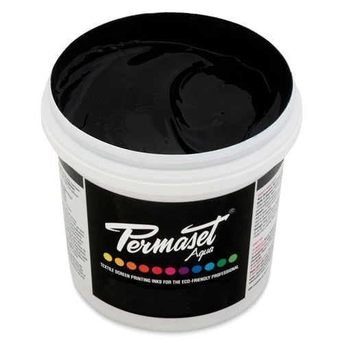 Permaset Aqua Standard Ink in Jet Black, water-based fabric ink shown in a container with the ink's vibrant black color.