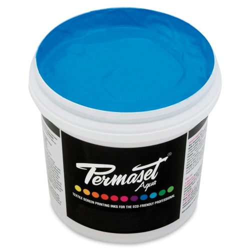 Light blue Permaset Aqua Standard Ink for textiles and art, showing a vibrant, smooth-flowing ink in a sealed container.