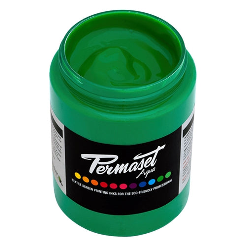Permaset Aqua Standard Ink in Mid Green, vibrant green fabric or paper print showcasing the eco-friendly ink's color and consistency.