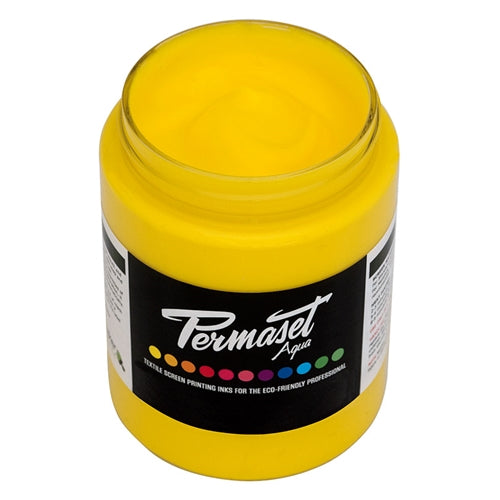 Permaset Aqua Standard Ink in Mid Yellow, vibrant water-based screen printing ink shown in a container.
