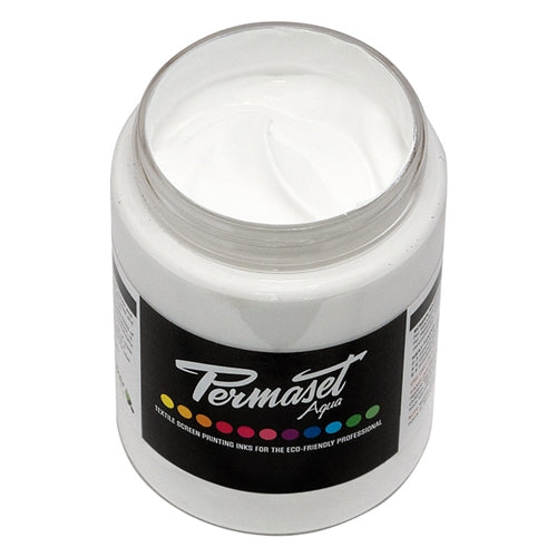 Permaset Aqua Standard Ink in white, water-based screen printing ink, shown in a container with the white ink visible.
