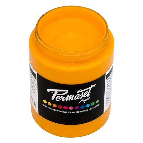 Permaset Aqua Standard Yellow R ink, vibrant water-based printing ink for textiles and arts, shown in a clear container.