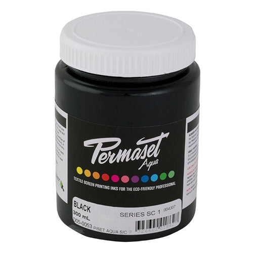 Black Permaset Supercover HSA ink in a bottle, suitable for screen printing and art projects.