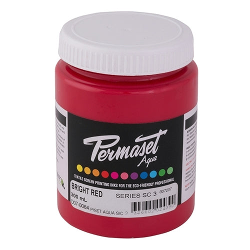 Bright red Permaset Supercover HSA ink in a container, ideal for screen printing and fabric applications.