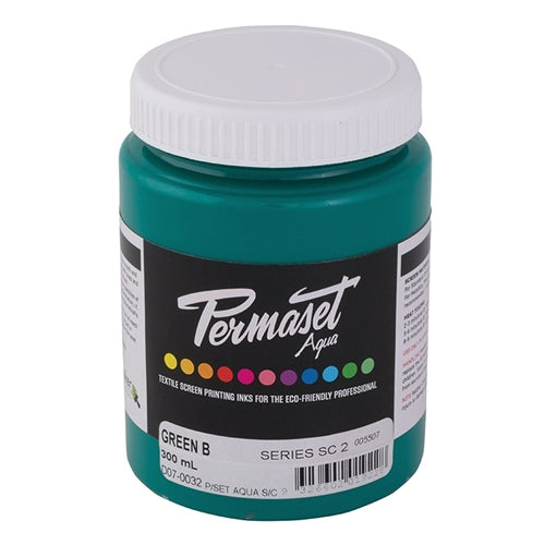 Permaset Supercover HSA Ink in Green B, a vibrant screen printing ink with a smooth consistency and bright green color.