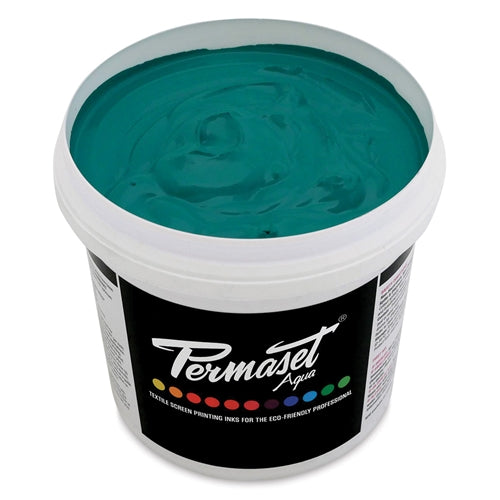 Green Permaset Supercover HSA ink for screen printing, showing a close-up of the vibrant green ink in a container.