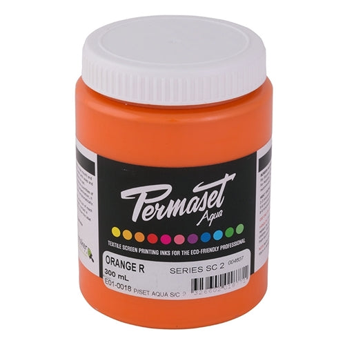 Permaset Supercover HSA ink in vibrant orange R, a high-quality textile ink displayed in a professional bottle.