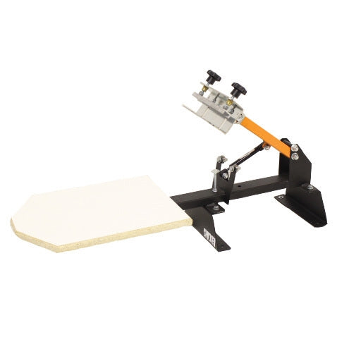 Single color table top press for screen printing, compact and sturdy, ideal for small-scale printing projects by ScreenBurning.com.
