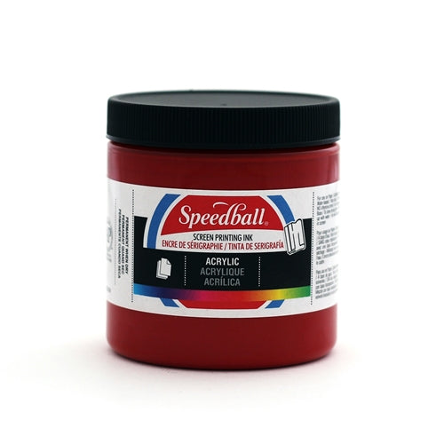 Dark red Speedball acrylic ink bottle showing the label and ink inside, ideal for artists and craft projects.