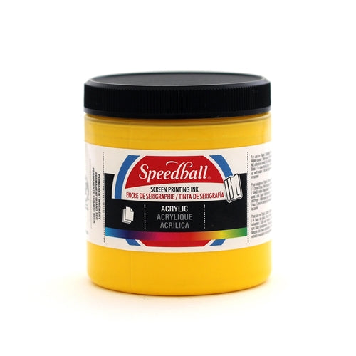 Speedball acrylic ink in medium yellow, vibrant yellow ink for artistic and craft projects, showing the ink bottle and label.