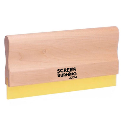 Custom cut wooden squeegee from ScreenBurning.com with 70 Duro rubber, featuring a wooden handle and flexible edge for screen printing.