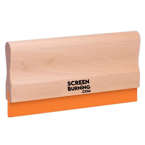 Custom cut wooden squeegee with 90 duro rubber from ScreenBurning.com, featuring a natural wooden handle and flexible rubber blade.