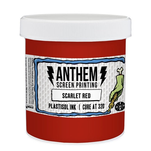 Triangle Plastisol Ink in Scarlet Red, a vibrant liquid ink for screen printing, shown in a container with a smooth consistency.
