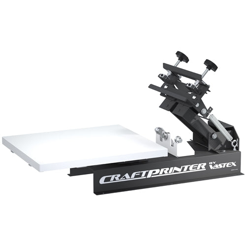 Vastex V-10 CraftPrinter single-color tabletop press with metal frame and printing platen for screen printing applications.