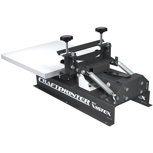 Vastex V-10 CraftPrinter single color tabletop press for screen printing, shown with printing platform and controls.