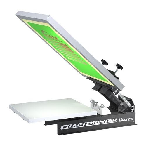 Vastex V-10 CraftPrinter single color tabletop press with sturdy metal frame and adjustable print bed for screen printing.